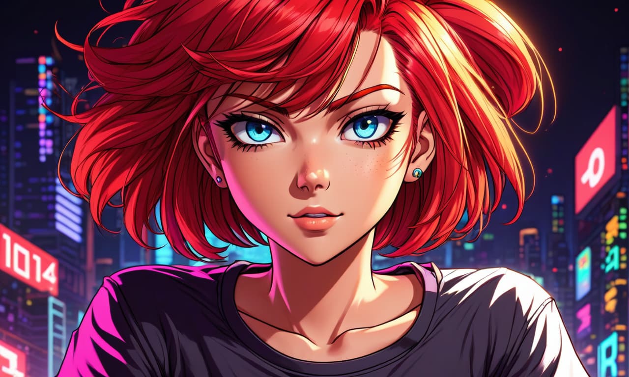  retro game art portrait , beautiful anime , with red hair, beautiful eyes, tight t shirt , high , short haircut , neon background . 16 bit, vint colors, pixelated, nostalgic, charming, fun