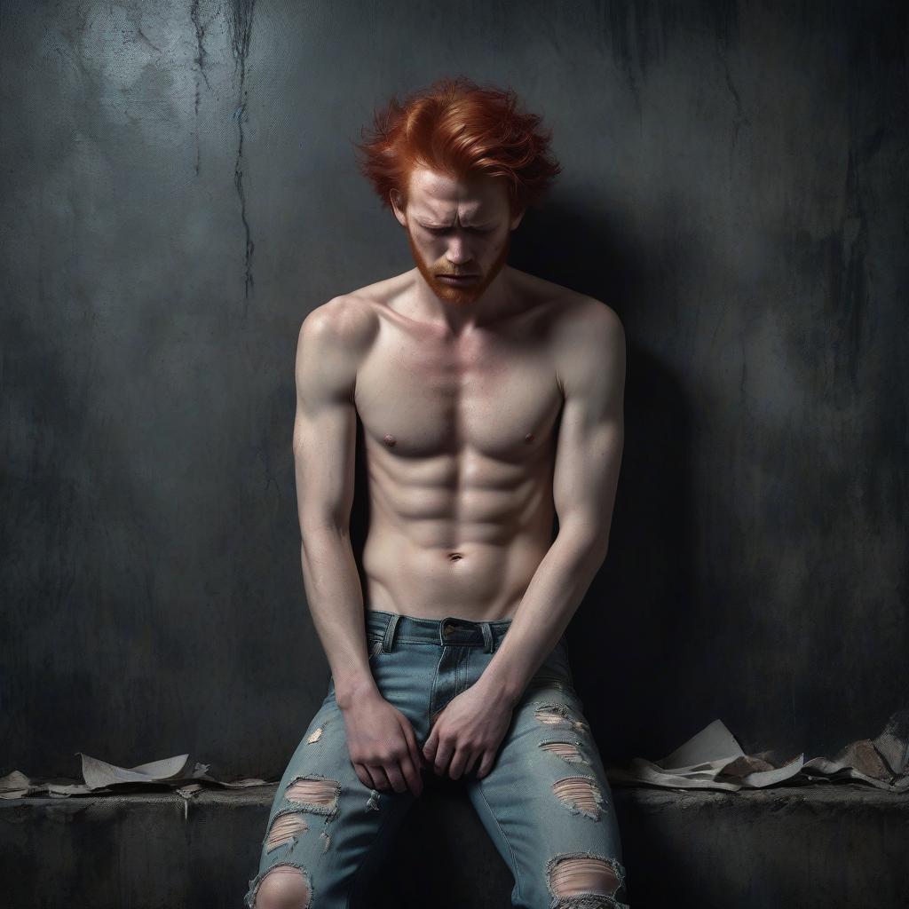  horror themed a red haired of 1 wearing ripped jeans and no shirt. he stands full length with his eyes closed and his head down, clasping his hands to his , leaning against a dark riddled wall. it's overcast. . eerie, unsettling, dark, spooky, suspenseful, grim, highly detailed