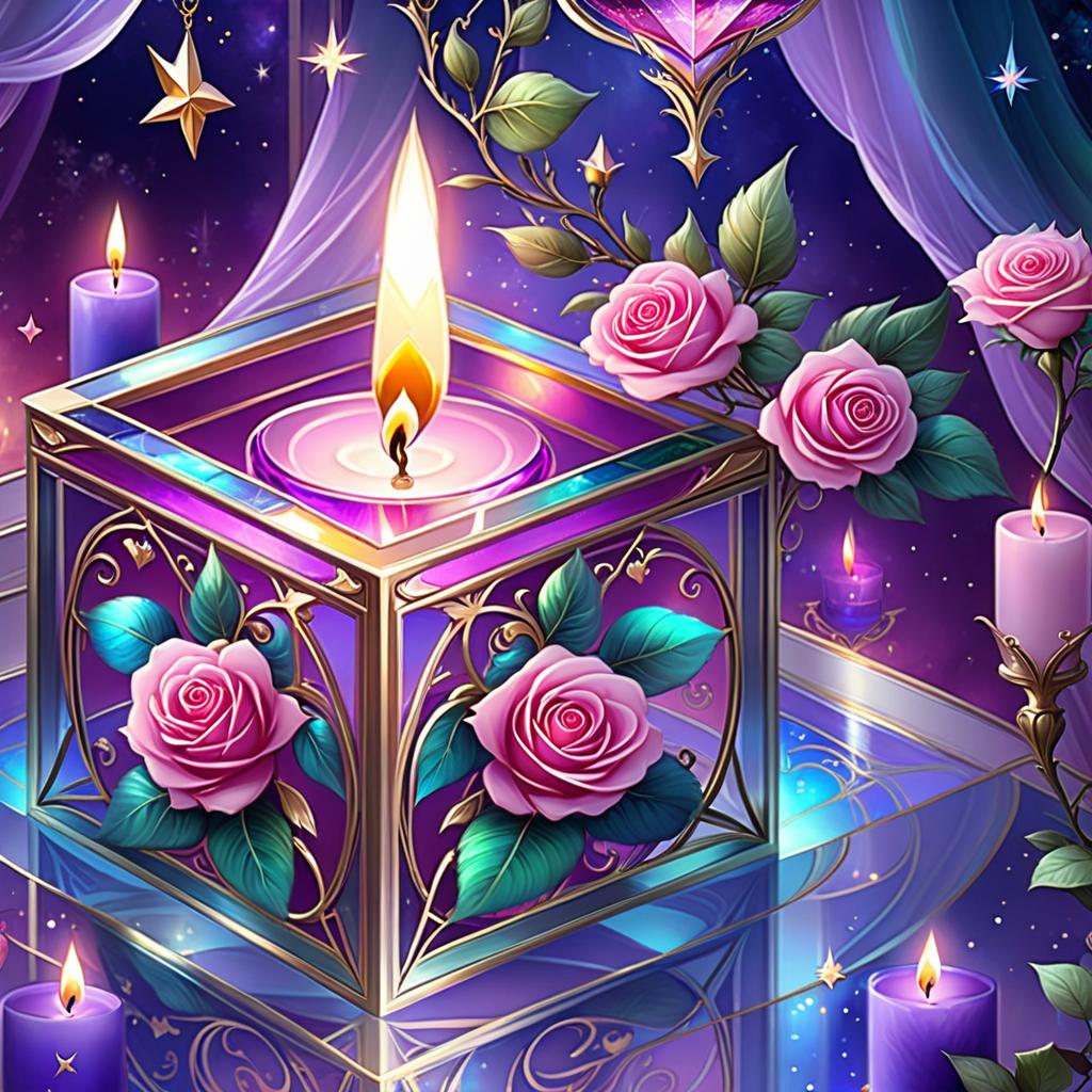  ethereal fantasy concept art of (background):colour:violet blue. (background decoration):silver frames in the shape of hearts and gold fancy stars. (centre):glass square pink candlestick and lighter decorated with fancy roses. (rose colour):pink, dark pink, with cream border. (leaf colour):dark green, green blue, light green. (style):fantasy, fantasy art design, jewellery, interior. . magnificent, celestial, ethereal, painterly, epic, majestic, magical, fantasy art, cover art, dreamy, civitai, hkmagic