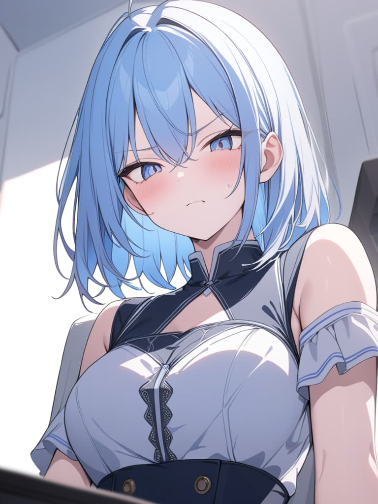  light blue hair, light blue, angry, bob hair, masterpiece, best quality,8k,ultra detailed,high resolution,an extremely delicate and beautiful,hyper detail