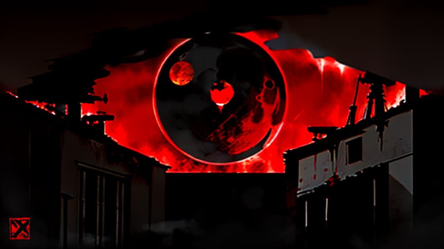  Logo with an eye hidden behind a blood red moon in a cityscape of destruction, moral decay, drugs, murders, more blood, alcohol, decay, civilization's downfall, darkness, oppression, decay, disappointment, (b&w, Monochromatic, Film Photography:1.3), Photorealistic, Hyperrealistic, Hyperdetailed, film noir, analog style, hip cocked, demure, low cut, soft lighting, subsurface scattering, realistic, heavy shadow, masterpiece, best quality, ultra realistic, 8k, golden ratio, Intricate, High Detail, film photography, soft focus hyperrealistic, full body, detailed clothing, highly detailed, cinematic lighting, stunningly beautiful, intricate, sharp focus, f/1. 8, 85mm, (centered image composition), (professionally color graded), ((bright soft diffused light)), volumetric fog, trending on instagram, trending on tumblr, HDR 4K, 8K