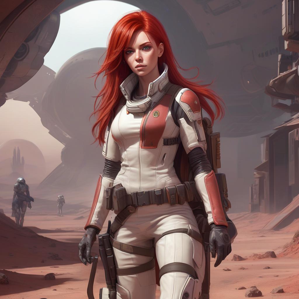  draw a full length female character, red hair, a character living on a distant colonized planet, specialization mercenary