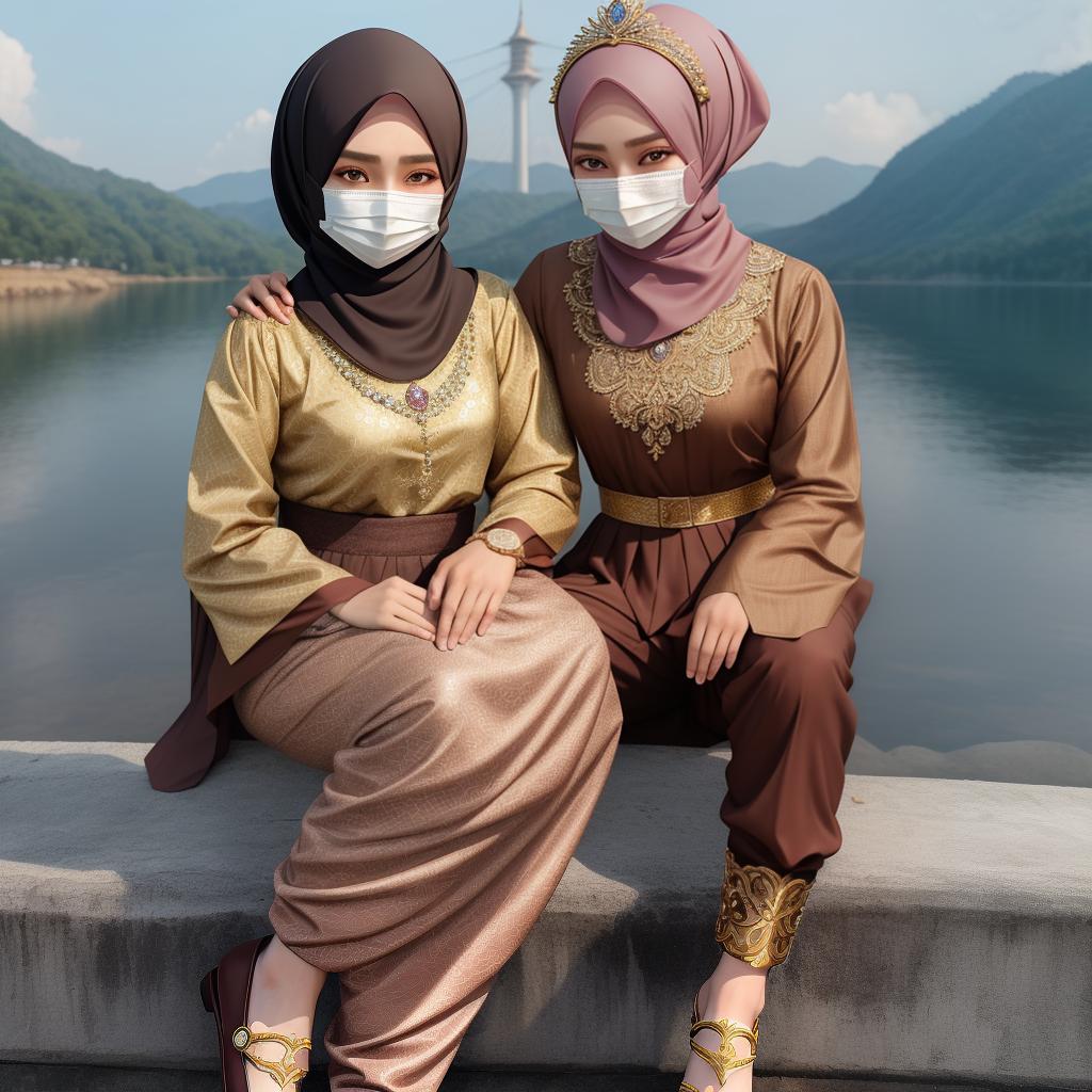  masterpiece, best quality, seorang siswi muda muslimah cantik elegan dari indonesia, mengenakan hijab coklat muda, masker, dengan baju pramuka. ia memakai bajukemeja pramuka berwarna coklat muda tidak dimasukkan celana, celana panjang coklat, dipadukan dengan hasduk merah putih di leher, sarung tangan putih, kaos kaki, dan sandal. siswi tersebut sedang mencium ketua regu, seorang pemuda tampan dengan seragam pramuka yang rapi di pinggir danau