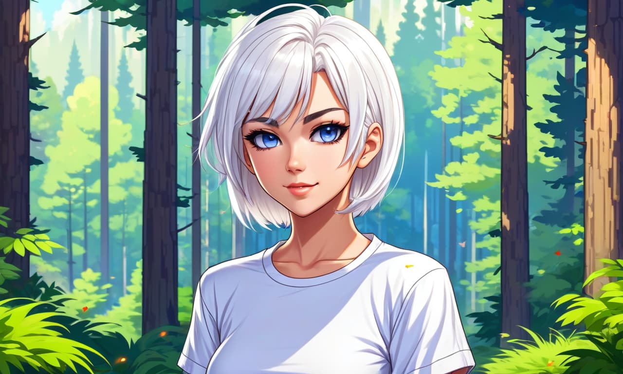  retro game art portrait , beautiful anime girl, with white hair, beautiful eyes, tight fitting t shirt , short haircut , against the background of the forest . 16 bit, vibrant colors, pixelated, nostalgic, charming, fun