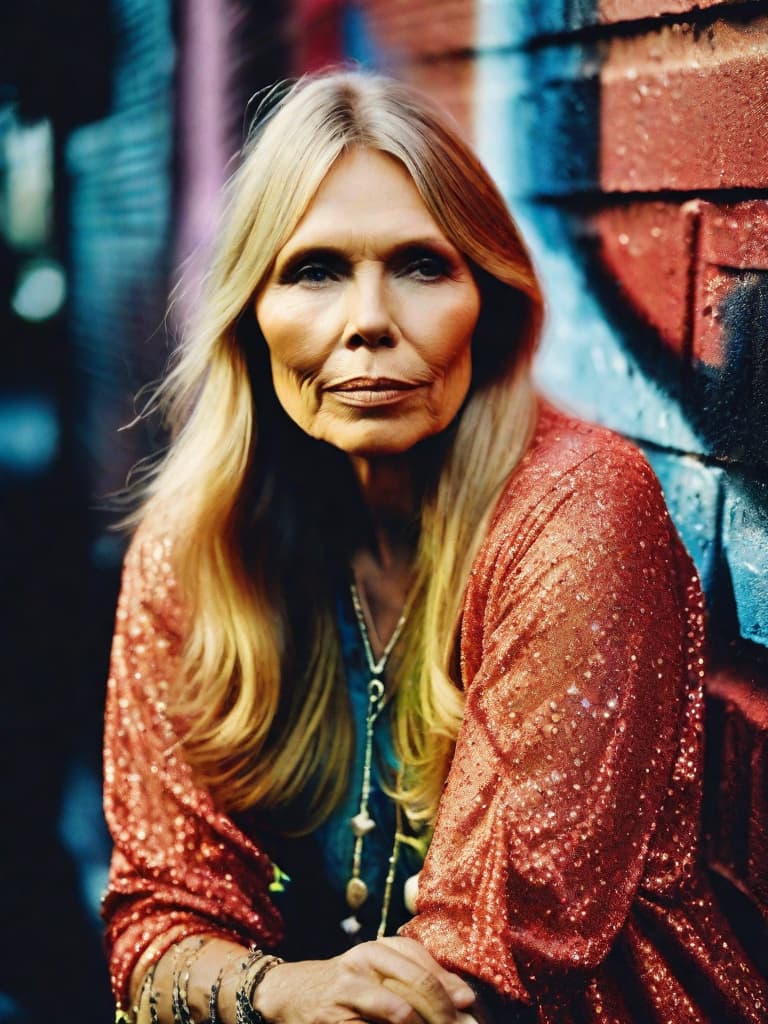  A younger Country singer Joni Mitchell, medium shot, upper body, spotlight, long exposure lighting, street art style spray paint, glamour lighting