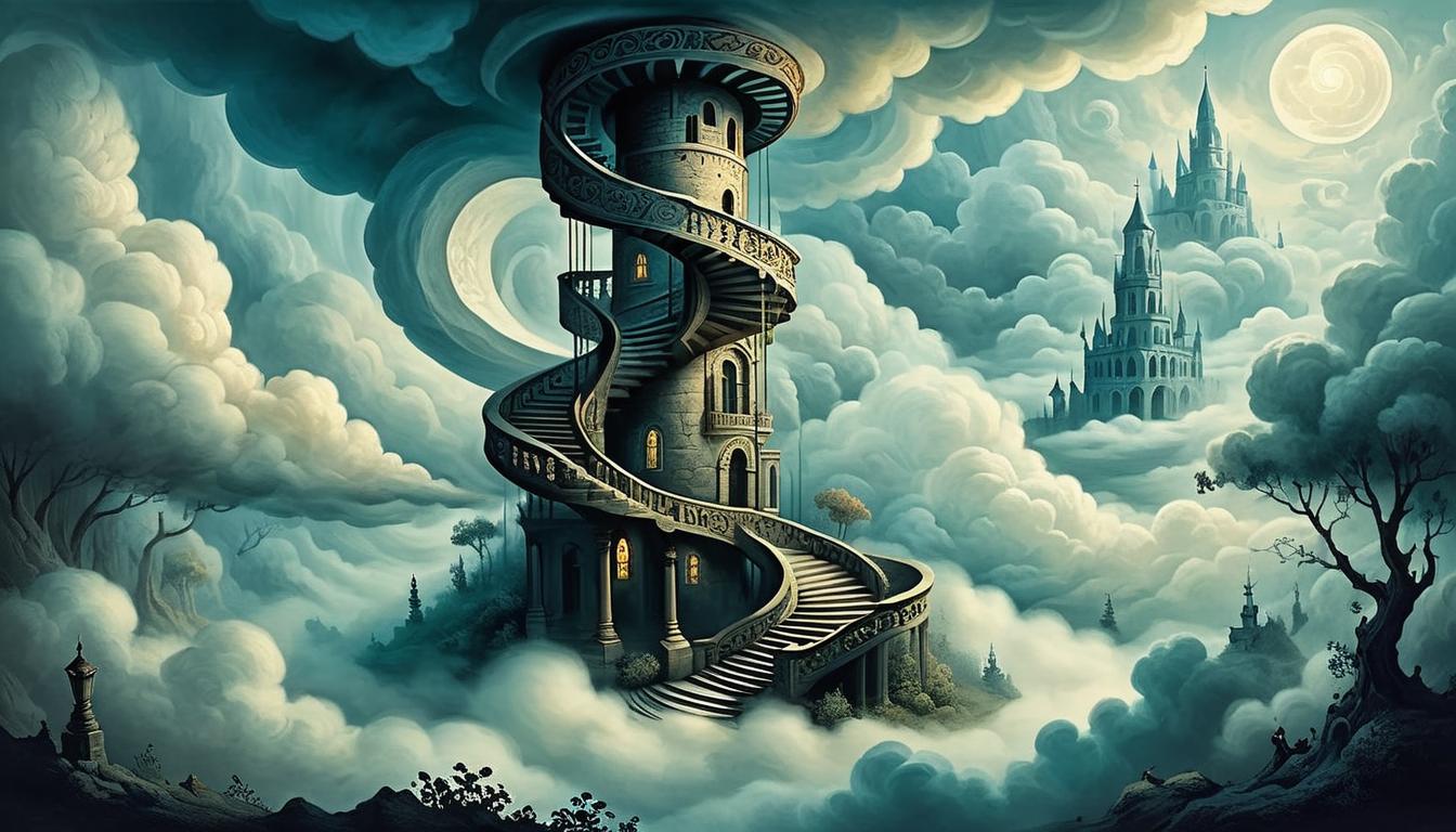  on parchment, surrealism+++, a spiral staircase leading up through the clouds, each step glowing, continuous ascent, rising, shining(mysterious, provocative, symbolic,muted color)+++