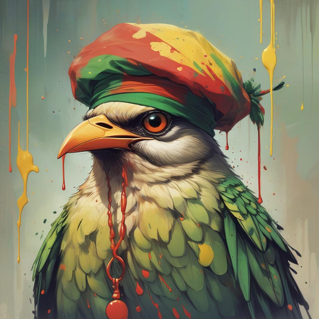  birds wearing a rasta hat ! large glossy eyes; speedpaint with large brush strokes by junji ito; robert oxley! ismail inceoglu; gazelli; m.w. kaluta; richard anderson; paint splatter; paint drips; drip painting; a masterpiece; 8k resolution; trending on art station; maximalist; uncanny; highly detailed and intricate