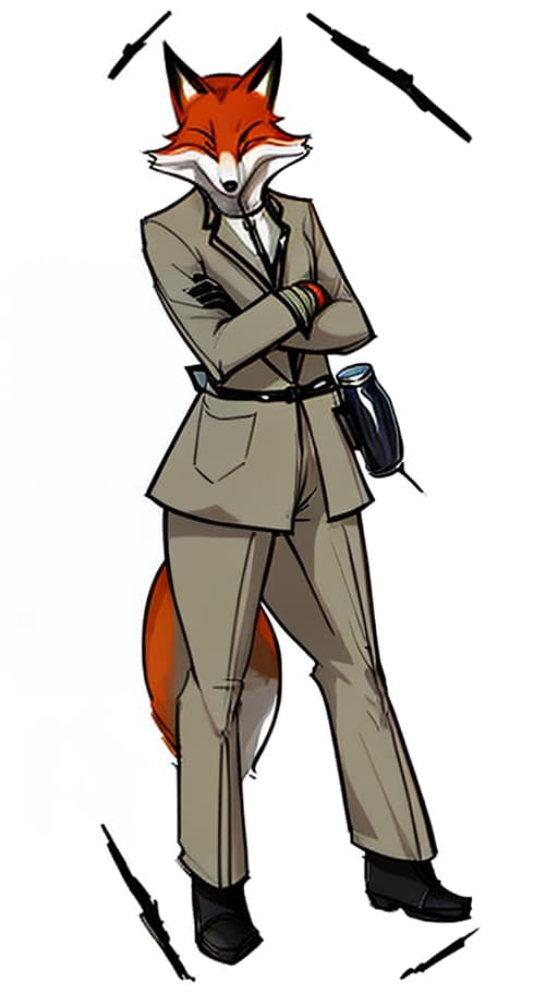  full length, anthropomorphic fox scientist, collaborator in white coat and black boots, 2d