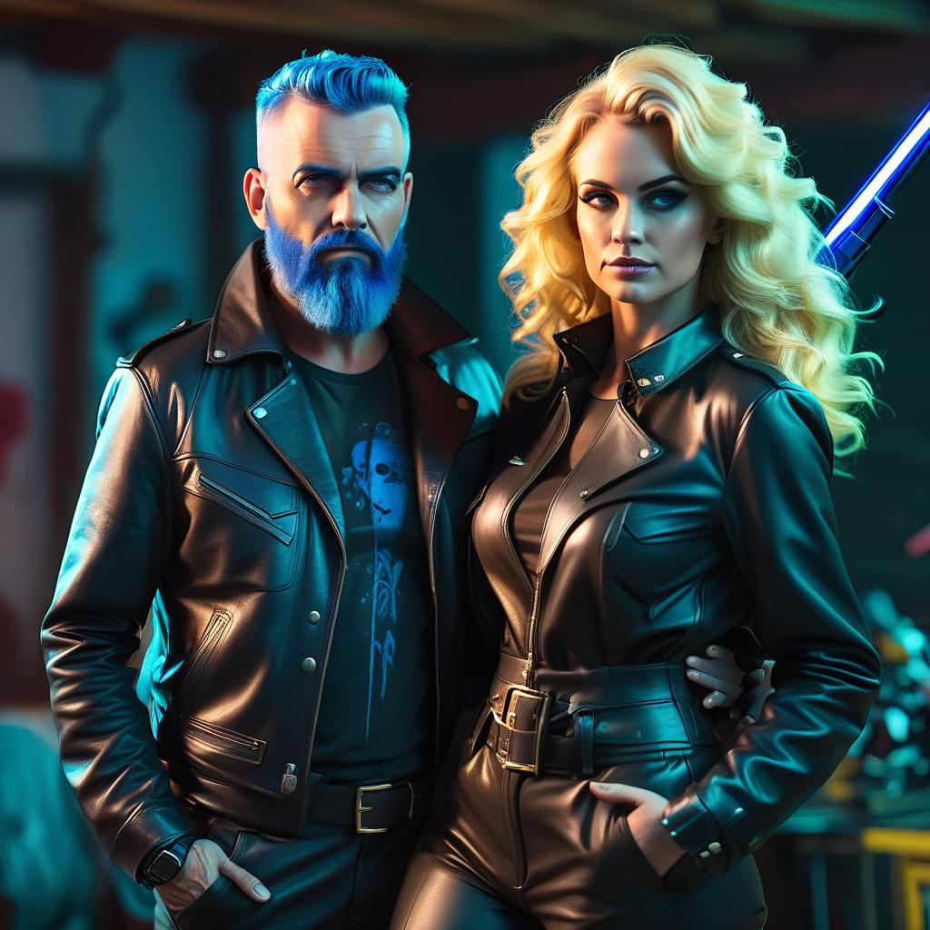  a man with a blue beard with a rifle and a blonde woman in a leather coat standing next to him, t shirt design, glowneon