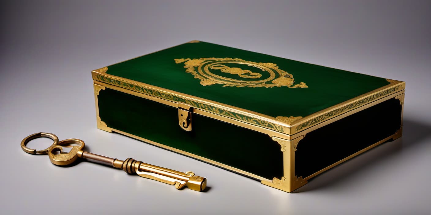  a large, open vintage, lacquered box with keys and a tool. with gold decals. it's flat, right in front of my face, covered in green velvet. against a transparent background