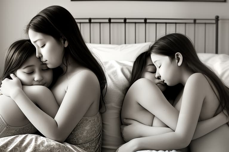  sisters' love . two sisters are lying next to each other. they hug and each other on the lips. lips . cheeks are plump. noses are small, snub nosed. the faces are beautiful. eyes closed. huge busts. hugs. the . bodies , no clothes. . in the bedroom.