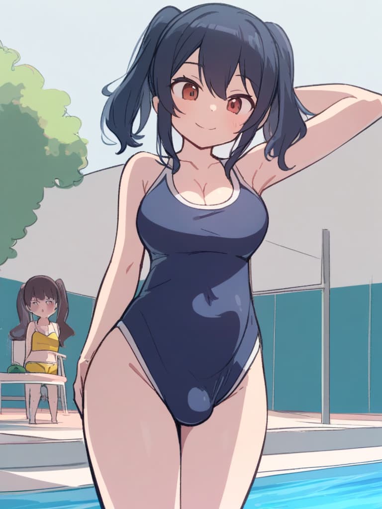  women's elementary students (male), twin tails, cute smiles, (rich s), short stature, dark blue swimwear, old swimwear, swimwear, simple, (bulging), upward, (bulge), front, whole body, pool side, pool side. ,,,