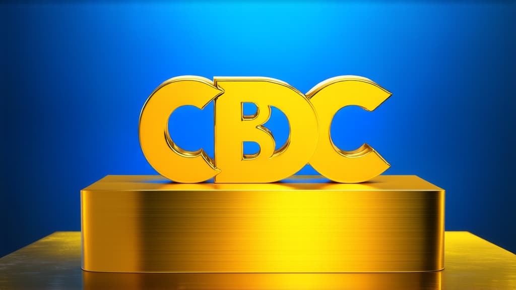  professional detailed photography, gold lettering "cbdc" on a metallic gold podium on a luminous gold background ar 16:9, (muted colors, dim colors, soothing tones), (vsco:0.3)