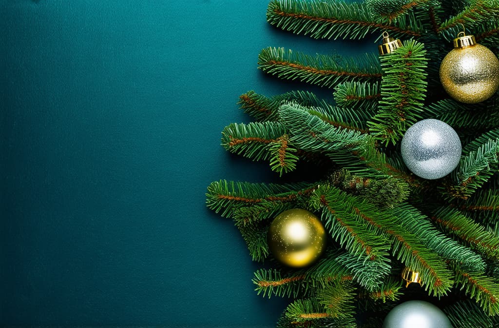  professional detailed photography, new year vertical dark turquoise background with gold and silver balls on fir branches with space for text ar 3:2, (muted colors, dim colors, soothing tones), (vsco:0.3)