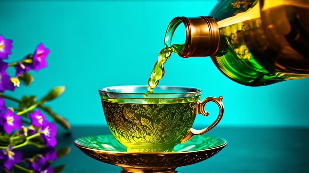  high resolution photography of pouring green tea into an ornate teacup. vibrant and surreal color palette with soft lighting. in the background there are purple flowers and plants against a teal blue textured backdrop creating a mystical mood ar 16:9 {prompt}, maximum details