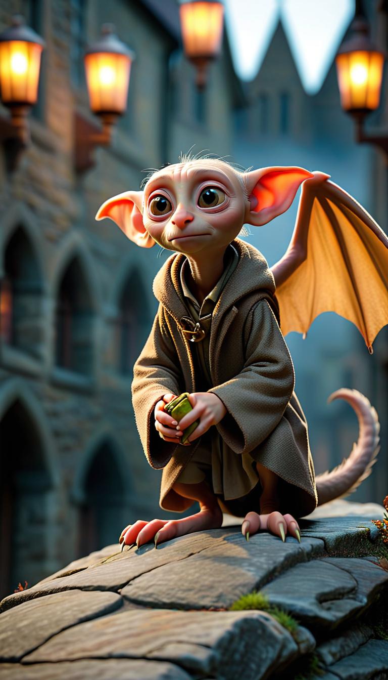  professional 3d model of dobby riding on a dragon over hogwarts . rendered with octane, the model is highly detailed,dramatic lighting. hyperrealistic, full body, detailed clothing, highly detailed, cinematic lighting, stunningly beautiful, intricate, sharp focus, f/1. 8, 85mm, (centered image composition), (professionally color graded), ((bright soft diffused light)), volumetric fog, trending on instagram, trending on tumblr, HDR 4K, 8K