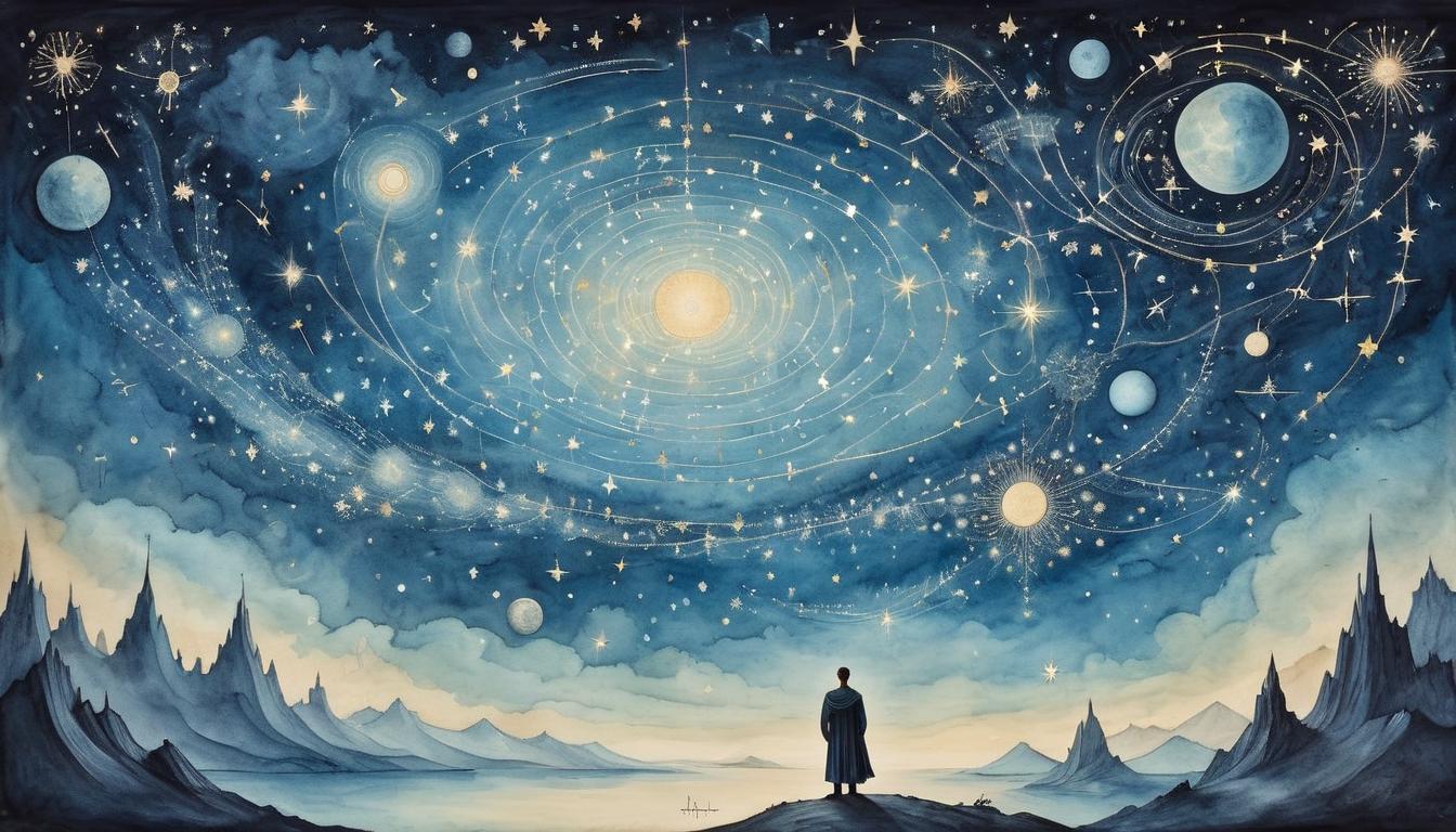  on parchment, surrealism+++, a starry sky with constellations forming an intricate pattern, lone figure beneath with outstretched arms, cosmos reflecting destiny, predestined encounter(mysterious, provocative, symbolic,muted color)+++