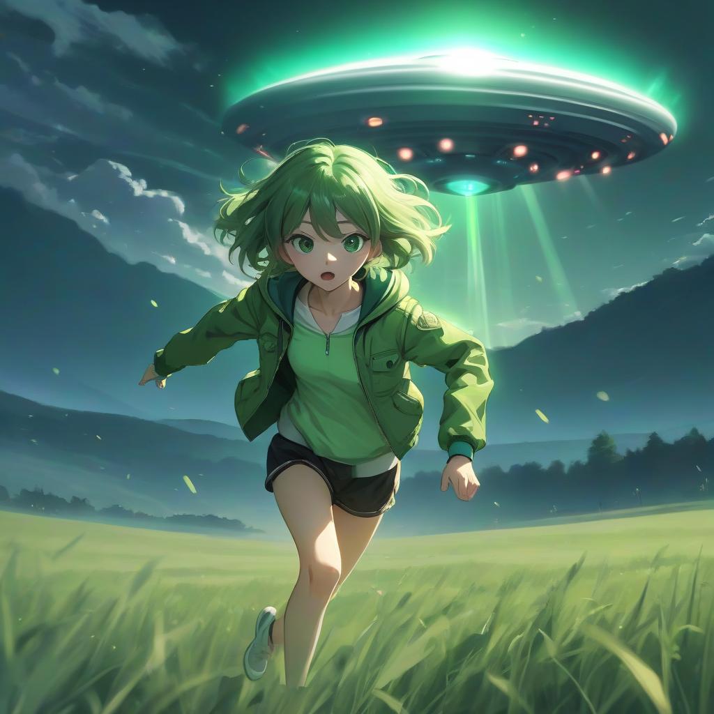  anime girl in a green jacket in a field runs from a ufo, countryside, bright light, green tones