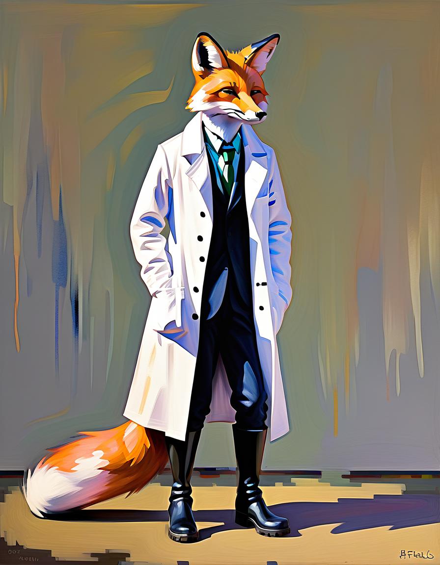  impressionist painting full length, anthropomorphic fox scientist, collaborator in white coat and black boots, 2d . loose brushwork, vibrant color, light and shadow play, captures feeling over form