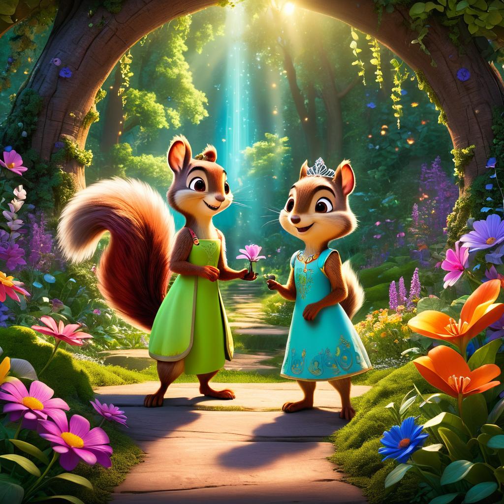  in 3d animated movie style. disney pixar style. masooma, 6, in a colorful dress and a tiara, curious and imaginative. sparky, a wise squirrel with a bushy tail and bright eyes. they at the entrance of sparky's enchanted forest, vibrant green trees with magical glowing flowers. pixar 3d animation with lifelike textures. vibrant greens, soft glowing colors, warm lights. tilted bird's eye view showing masooma and sparky's interaction at the forest entrance, emphasizing magic.