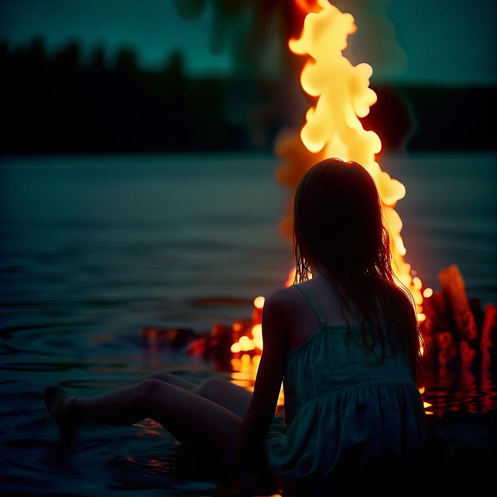  cinematic film still a girl sitting in the water, looking at me, a fire on the water, a big pillar of fire, a fire around a girl, a grunge style, a summer solstice, a dark entity, frightening. girl calls and beckons . shallow depth of field, vignette, highly detailed, high budget, bokeh, cinemascope, moody, epic, gorgeous, film grain, grainy