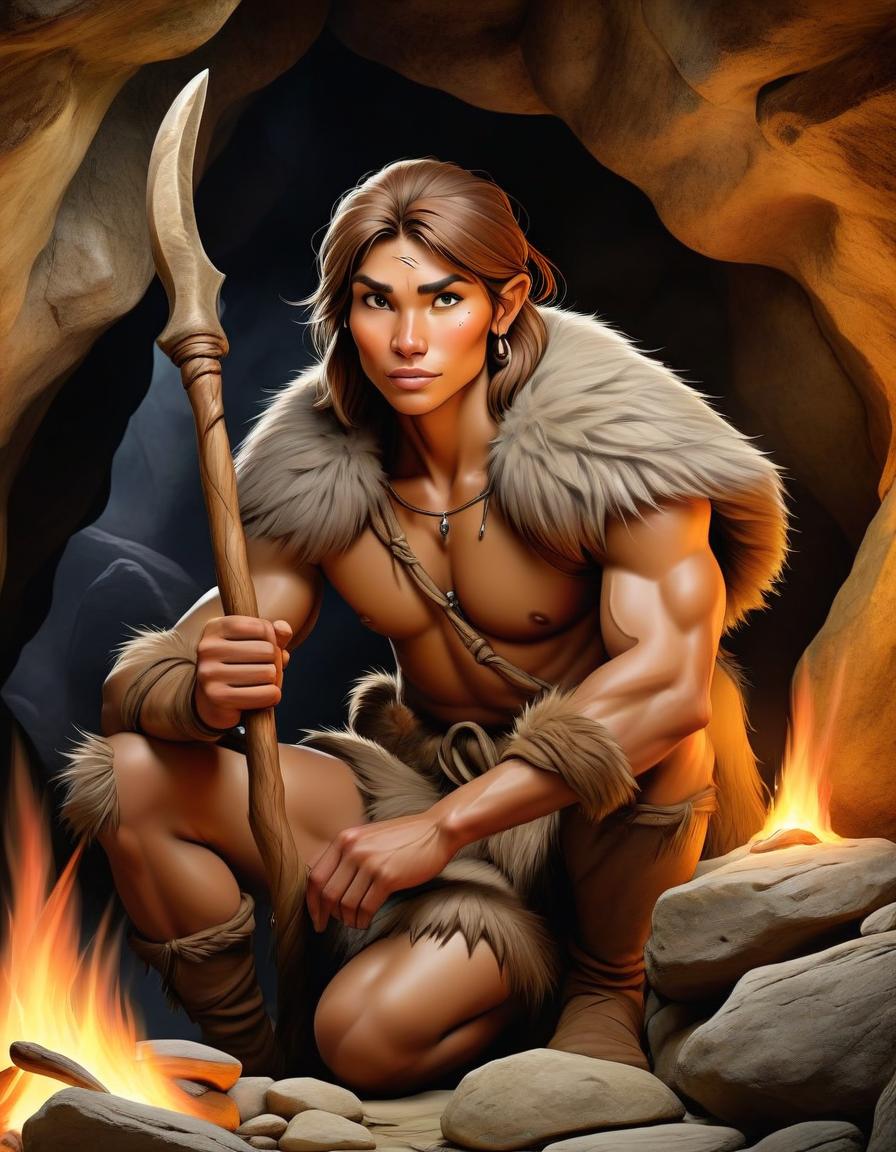  digital illustration, ink and watercolor on parchment, with fine shading of the edges, depicting an expressive stone age man hunter in cave, whose image seamlessly blends with the textures of the stone cave, soft diffused lighting in warm tones envelops her, enhancing the mystical aura around her slender form. clad in a fur, sits in front of the fire