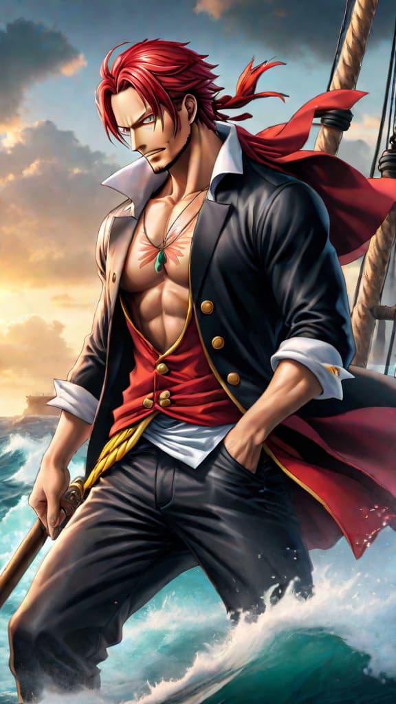  anime art: shanks from one piece ensuring his crew can navigate dangerous seas without devil fruit powers. hyperrealistic, full body, detailed clothing, highly detailed, cinematic lighting, stunningly beautiful, intricate, sharp focus, f/1. 8, 85mm, (centered image composition), (professionally color graded), ((bright soft diffused light)), volumetric fog, trending on instagram, trending on tumblr, HDR 4K, 8K