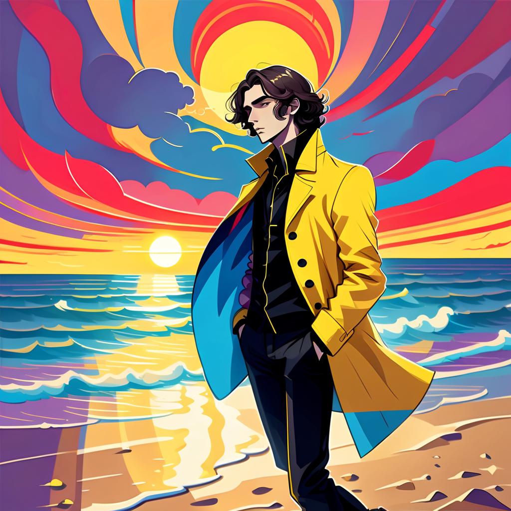  psychedelic style a young man stands alone on the beach. he has long dark brown hair, which flies slightly in the breeze. his face, with pronounced jewish and slavic features, radiates lively energy. brown eyes are full of deep emotions, as if reflecting the vast expanses of the ocean. he wears a bright yellow coat that seems to shine, catching the eye and contrasting with the soft shades of the sunset. under his coat he wears a black shirt and black pants are decorated with yellow elements, creating a stylish and dynamic look. the sunset rays fall on the terrain in bright red stripes contrasting with the night. the image uses such colors and shades of colors as: yellow, blue, red, blue and black . vibrant colors, swirling patterns, abstrac