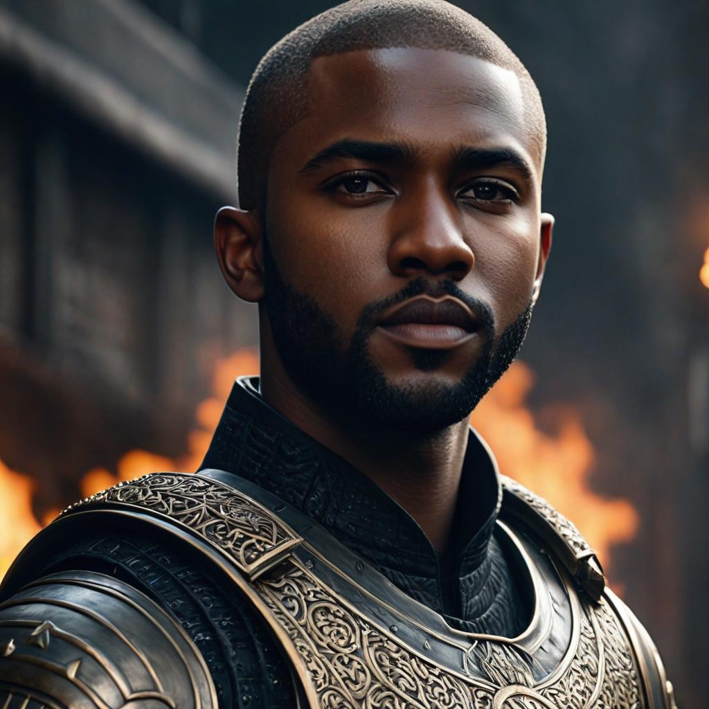  malcolm burns (lord burns),buzz cut and he has black skin and he’s a warlord,antagonist,protagonist which means he can be a good guy or a villain depending on the situation he’s in and he takes care of anna ruston,blonde hair,child photo realistic, highly intricate and detailed, masterpiece, ultra high res,photography,8k resolution