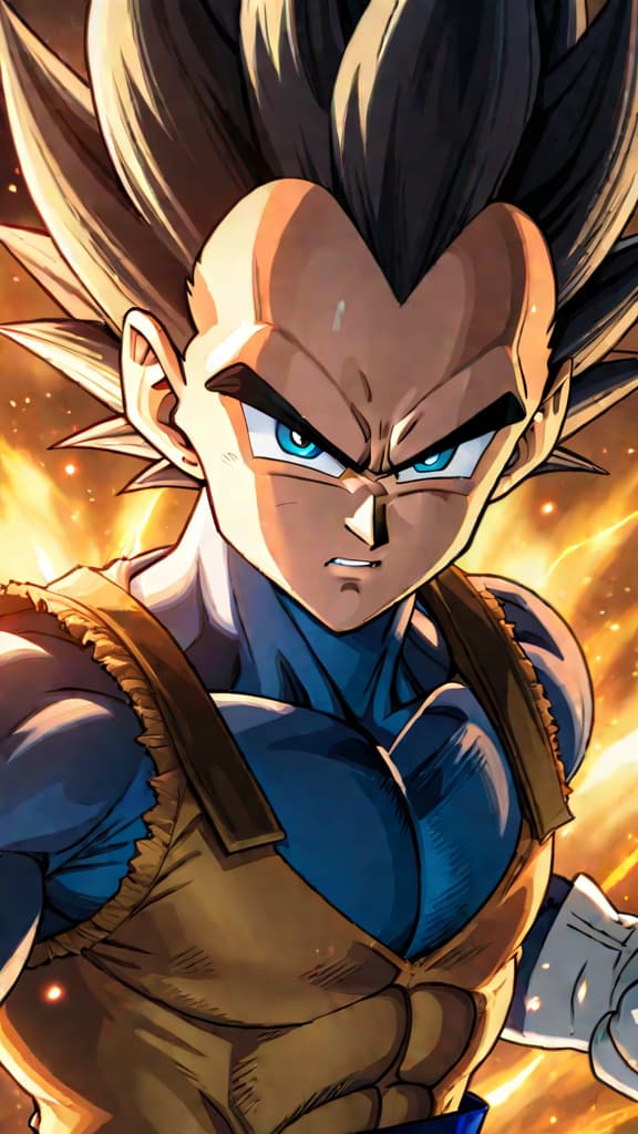  anime art of vegeta from dragon ball achieving super saiyan transformation after witnessing goku's legendary form. hyperrealistic, full body, detailed clothing, highly detailed, cinematic lighting, stunningly beautiful, intricate, sharp focus, f/1. 8, 85mm, (centered image composition), (professionally color graded), ((bright soft diffused light)), volumetric fog, trending on instagram, trending on tumblr, HDR 4K, 8K