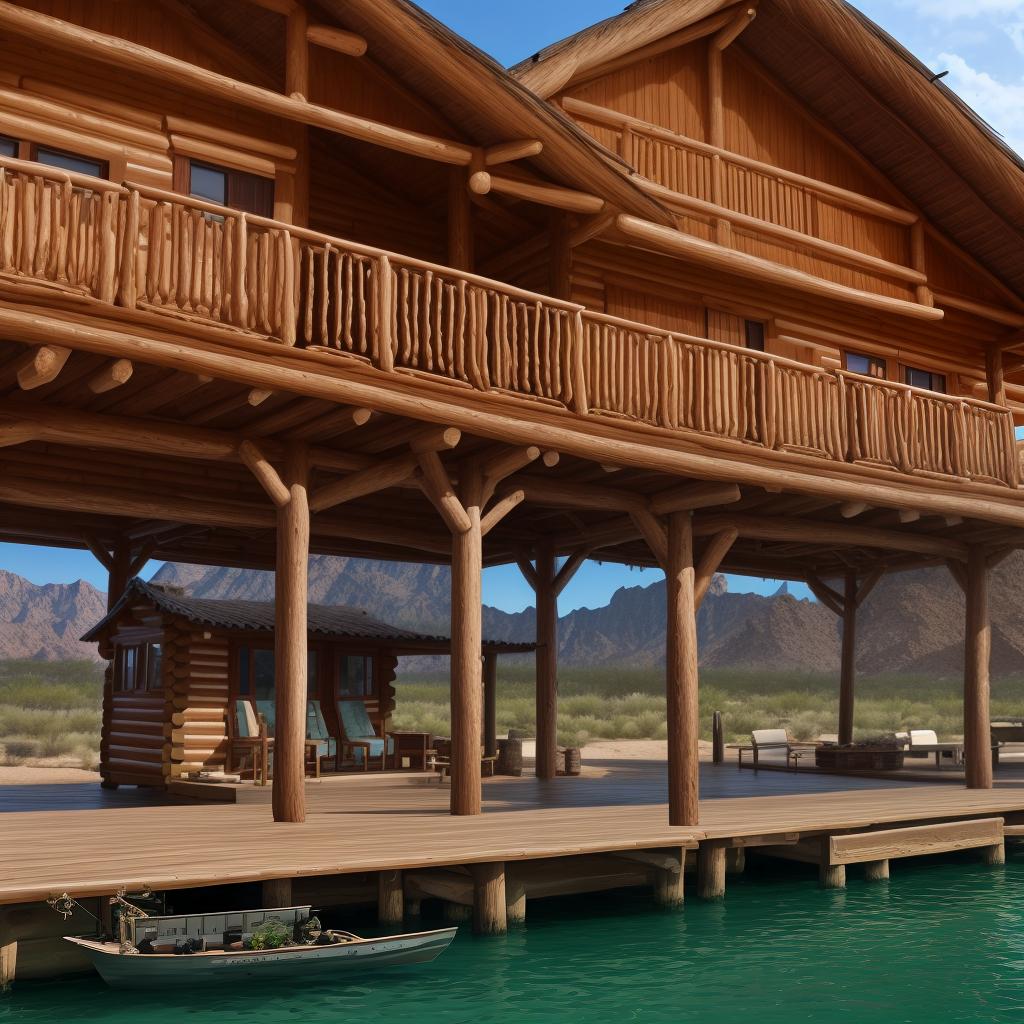  Masterpiece, best quality, a log cabin in the desert Resort, there are many boat houses in the resort, the boat house shape is relatively smooth, similar to fish, the background is an endless flat desert, no water around