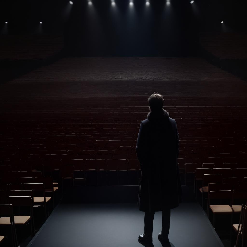  masterpiece, best quality, The back of an actor standing on a large dimly lit stage. The audience is shrouded in darkness, their presence felt rather than seen. the stage is large and open.