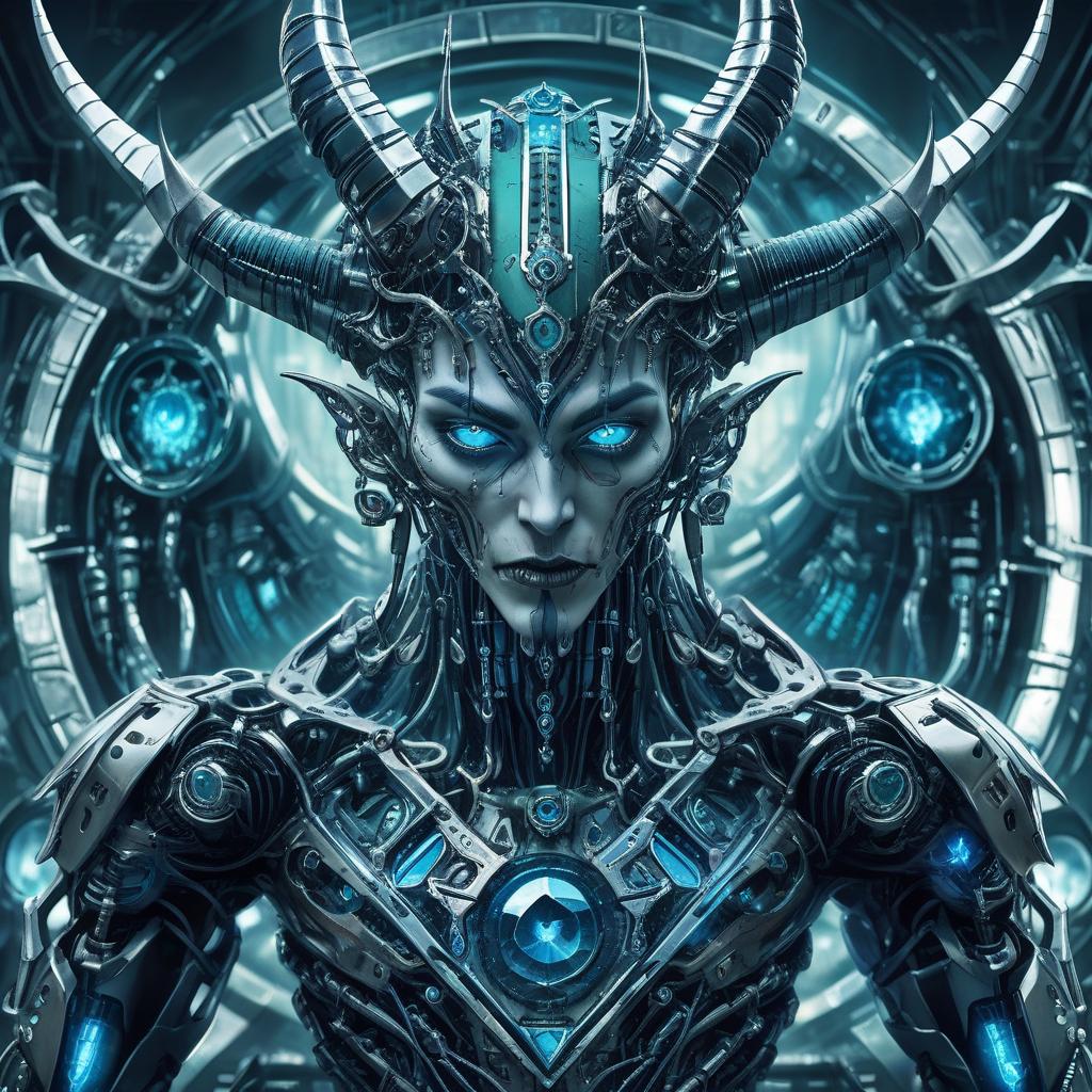  biomechanical cyberpunk the face of the diamond devil. man. dark green eyes. can see fangs. with horns. colors blue, blue, silver. in a circle . cybernetics, human machine fusion, dystopian, organic meets artificial, dark, intricate, highly detailed