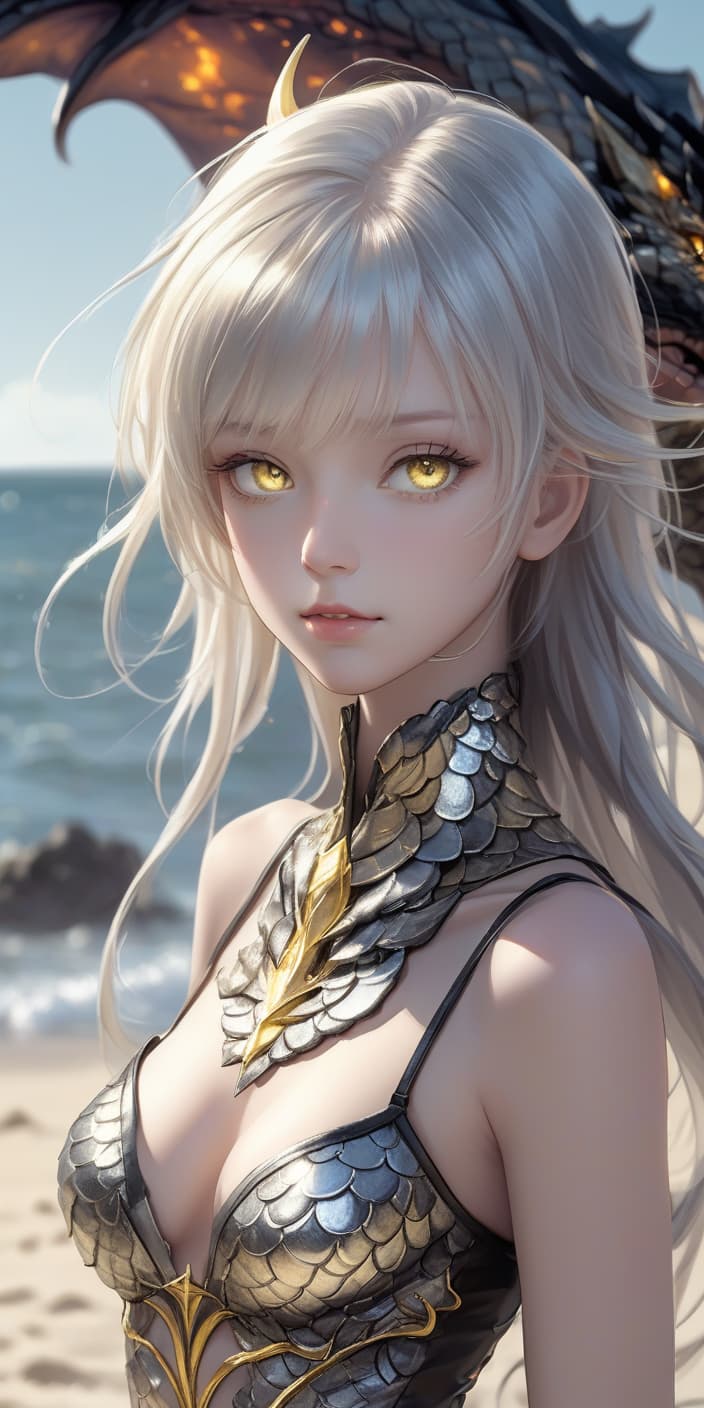  hdr photo of girl. s. full height. thin waist. thin lips. straight thin nose. small chin, golden eyes, golden silver straight hair. light skin. on the beach. anime style. made of glowing silver dragon scales. he wears black, thin stockings. it's getting dark outside . high dynamic range, vivid, rich details, clear shadows and highlights, realistic, intense, enhanced contrast, highly detailed