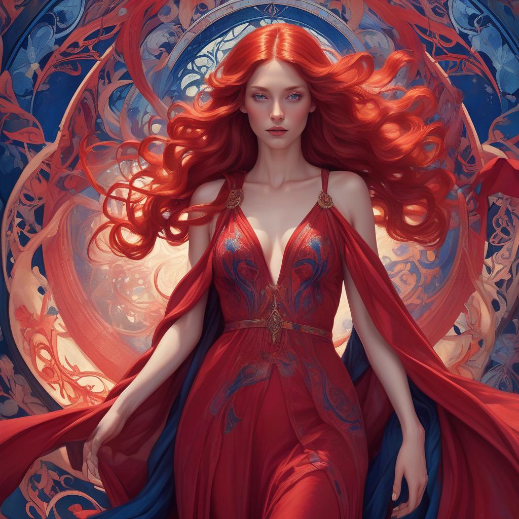  hyperrealistic art mage crimson (painting of a well endowed woman in a striking red dress), vibrant, flowing red hair, red cape draping elegantly, (deep blue psychedelic background), surreal forms and patterns intertwining, created in the style of alphonse mucha, rich color saturation, ethereal and dreamlike atmosphere, (intricate textures), visually captivating, 4k quality, poster art aesthetic. . extremely high resolution details, photographic, realism pushed to extreme, fine texture, incredibly lifelike