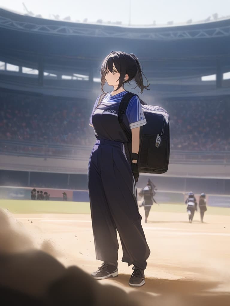  chibi characters, squats, nogizaka 46 detail, high leg, high resolution, accurate photos, detailed photos, short distance (highest quality) (masterpieces) uniforms, high legty bag women's baseball team, women only, stadium, dust