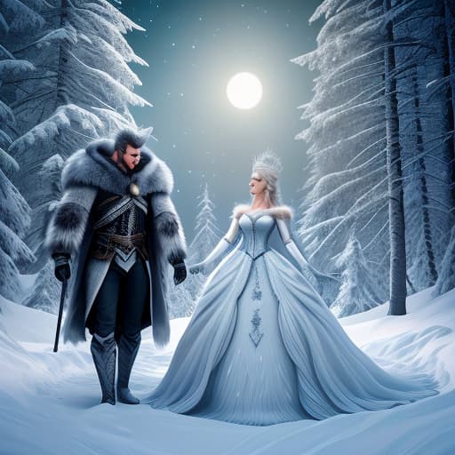  The snow queen and the white wolf are going farther away in the winter forest, surrounded by the moon. hyperrealistic, full body, detailed clothing, highly detailed, cinematic lighting, stunningly beautiful, intricate, sharp focus, f/1. 8, 85mm, (centered image composition), (professionally color graded), ((bright soft diffused light)), volumetric fog, trending on instagram, trending on tumblr, HDR 4K, 8K