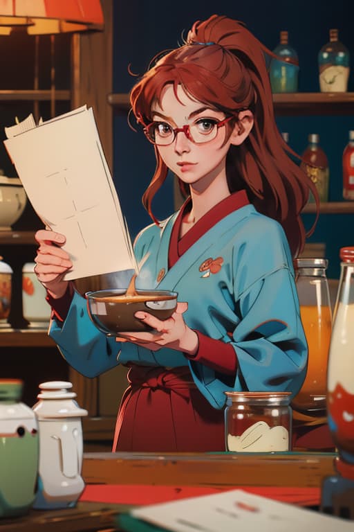  red haired asian woman wearing glasses makes coffee in a japanese style coffee shop., bichu,oil painting,impressionism advertising photo,high quality, good proportion, masterpiece , the image is captured with an 8k camera