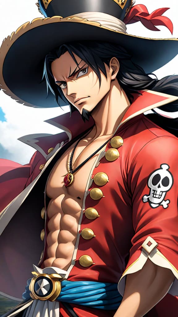  an anime image depicting gol d. roger from one piece mastering armament and conqueror's haki. hyperrealistic, full body, detailed clothing, highly detailed, cinematic lighting, stunningly beautiful, intricate, sharp focus, f/1. 8, 85mm, (centered image composition), (professionally color graded), ((bright soft diffused light)), volumetric fog, trending on instagram, trending on tumblr, HDR 4K, 8K