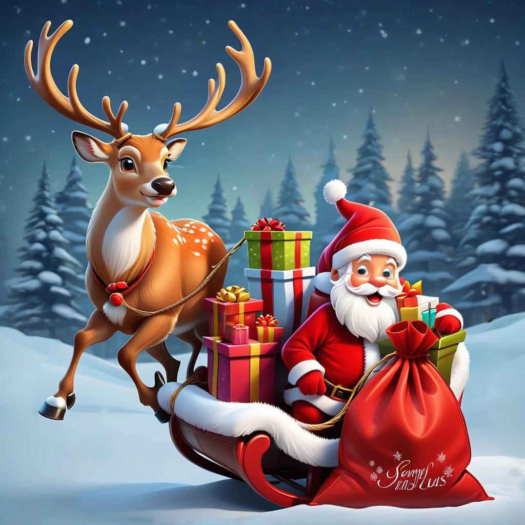  santa claus, sleigh, deer, bag with gifts. cartoon style