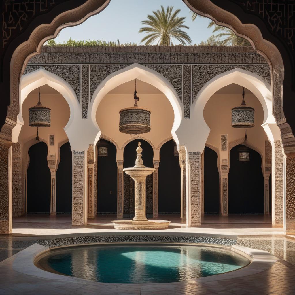  two traditional moroccan arches sticking together to form one large one with a small traditional fountain in the middle of it made of black marble drawn in the shape of a hotel logo and a black background hyperrealistic, full body, detailed clothing, highly detailed, cinematic lighting, stunningly beautiful, intricate, sharp focus, f/1. 8, 85mm, (centered image composition), (professionally color graded), ((bright soft diffused light)), volumetric fog, trending on instagram, trending on tumblr, HDR 4K, 8K