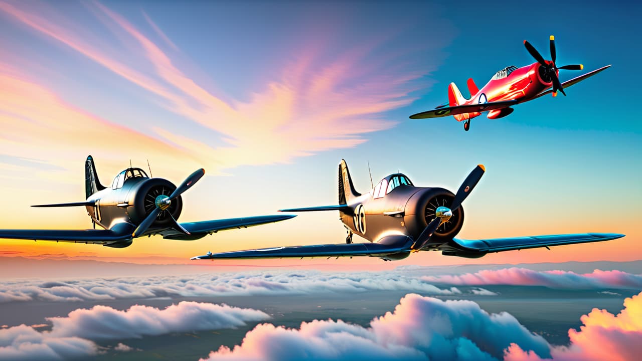  a dynamic collage of aircraft in flight, showcasing a diverse range of planes from vintage biplanes to modern jets, against a backdrop of a vibrant sky, with clouds and distant mountains. hyperrealistic, full body, detailed clothing, highly detailed, cinematic lighting, stunningly beautiful, intricate, sharp focus, f/1. 8, 85mm, (centered image composition), (professionally color graded), ((bright soft diffused light)), volumetric fog, trending on instagram, trending on tumblr, HDR 4K, 8K