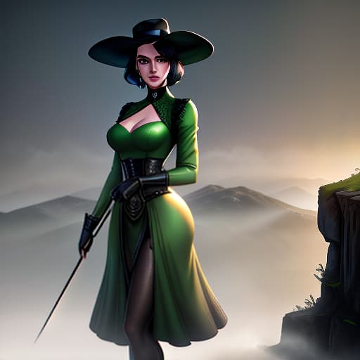  a woman, short hair, green eyes, a green dress of the viktorian era, a black hat, black gloves, a cane in her hands, a deep decolt, shot 35 mm, realism, octane render, 8k, trending on artstation, 35 mm camera, unreal engine, hyper detailed, photo realistic maximum detail, volumetric light, realistic matte painting, hyper photorealistic, trending on artstation, ultra detailed, realistic hyperrealistic, full body, detailed clothing, highly detailed, cinematic lighting, stunningly beautiful, intricate, sharp focus, f/1. 8, 85mm, (centered image composition), (professionally color graded), ((bright soft diffused light)), volumetric fog, trending on instagram, trending on tumblr, HDR 4K, 8K