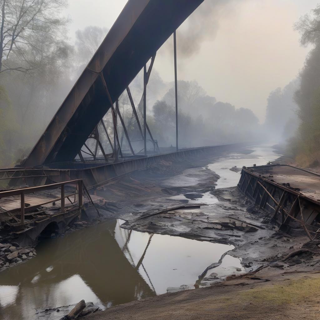  river, fog, blown up bridge, burnt tank.