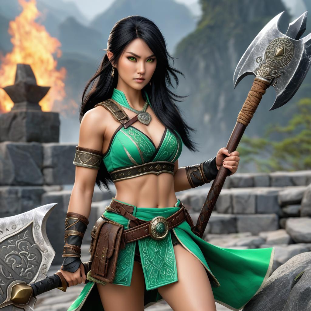  beautiful yuan ti pureblood female barbarian with black hair, yellowish scaley skin and green eyes wielding a magical greataxe. photo realistic, highly intricate and detailed, masterpiece, ultra high res,photography,8k resolution