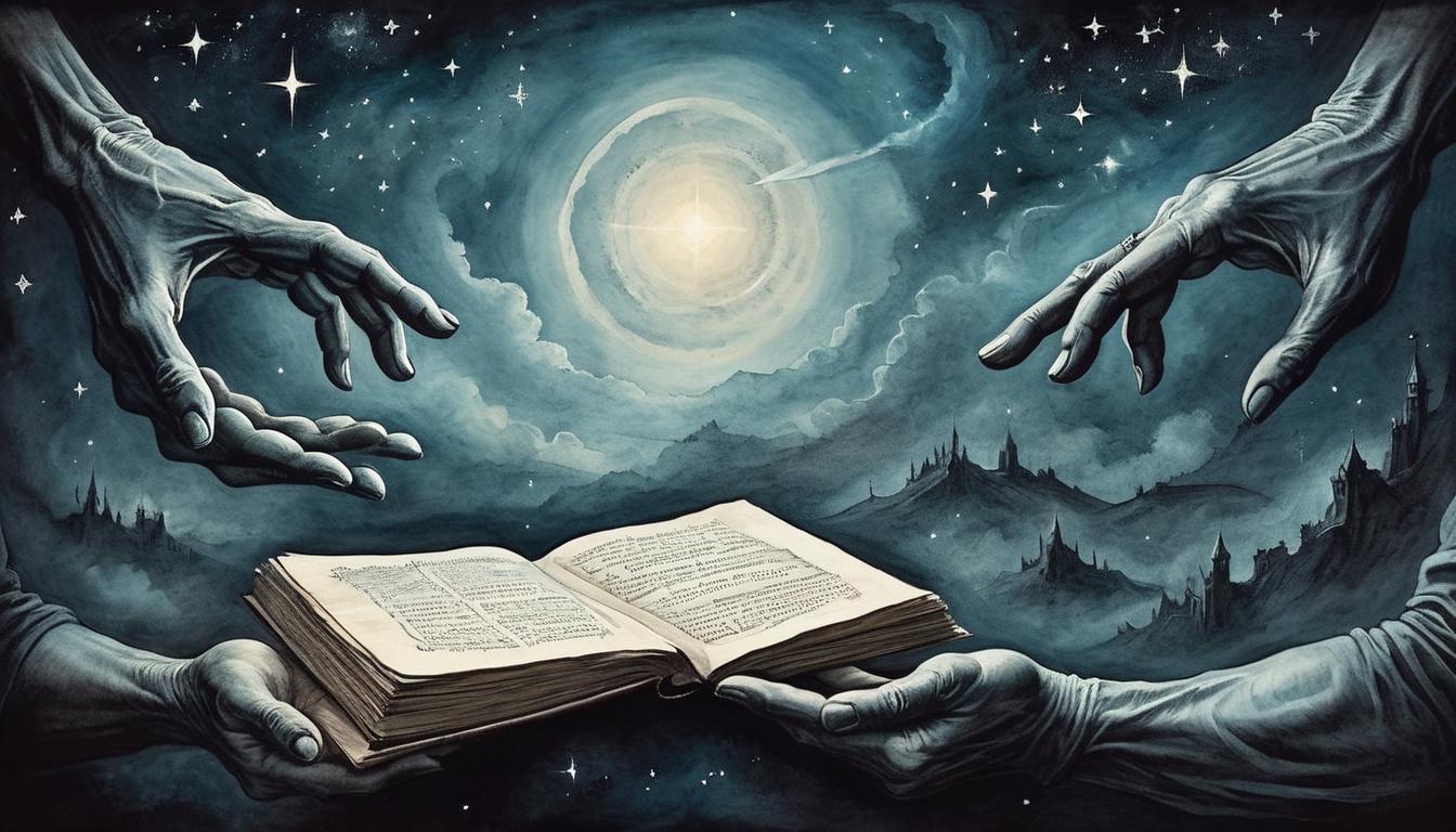  on parchment, surrealism+++, transparent hands reaching into emptiness, penetrating starlight, phantom yearning, desolate, hopeless, cold, dark void(mysterious, provocative, symbolic,muted color)+++