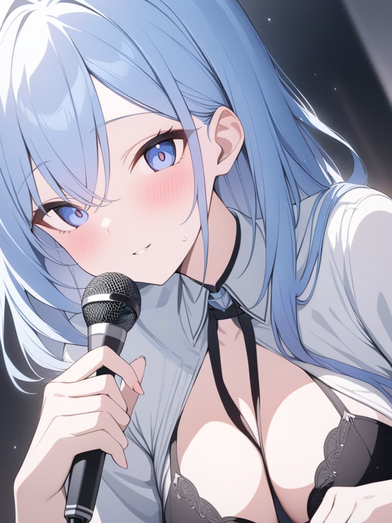  light blue hair, light blue, bob hair, with a microphone, yay, live, masterpiece, best quality,8k,ultra detailed,high resolution,an extremely delicate and beautiful,hyper detail