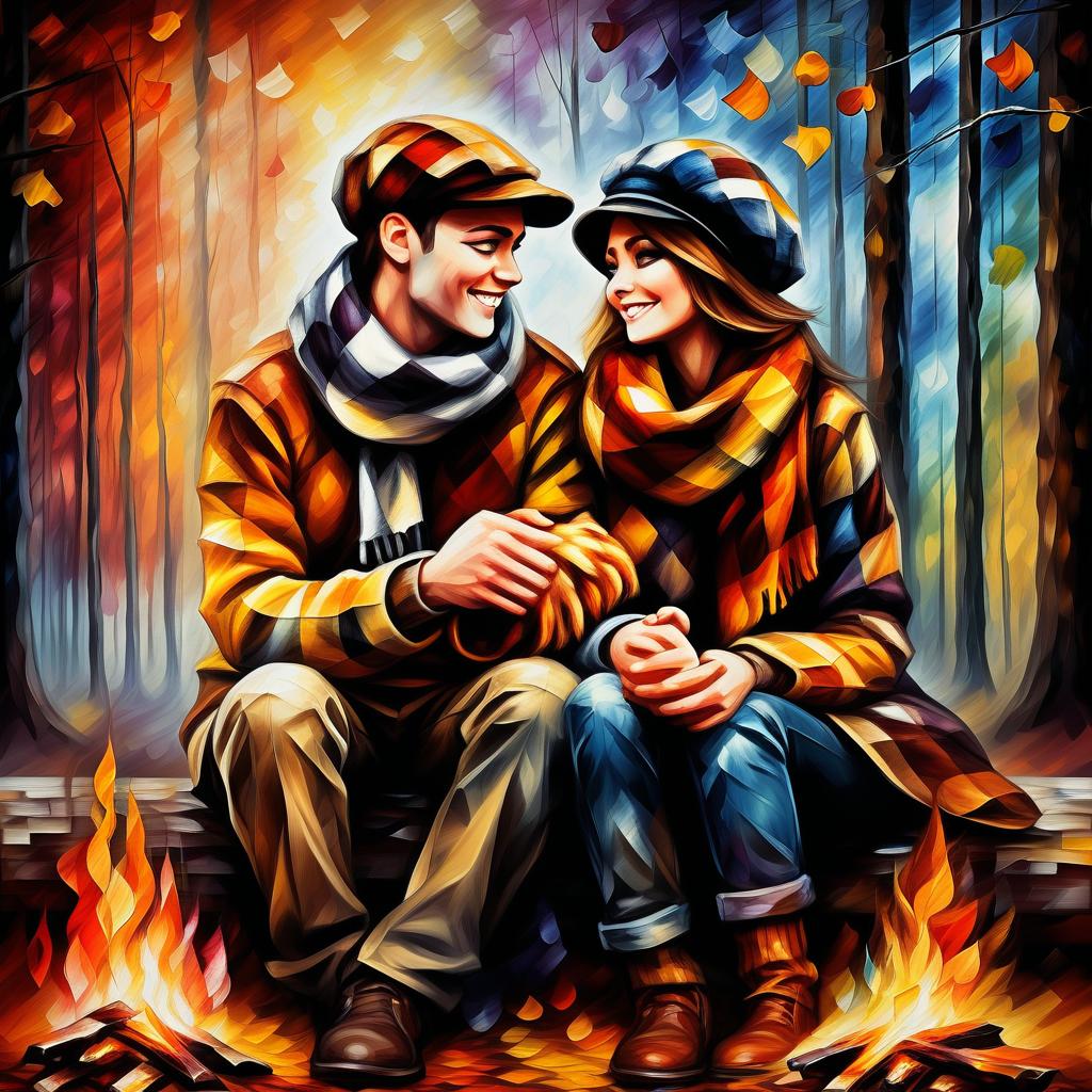  (style of leonid afremov:1.5), two young people in love, checkered scarves, checkered berets, sit in front of a fire in an autumn forest, holding hands, epic realism, anime features, dark fantasy, abstract horror, desaturated color palette, gothic and renaissance aesthetic, (happy smiles:1.4 ),