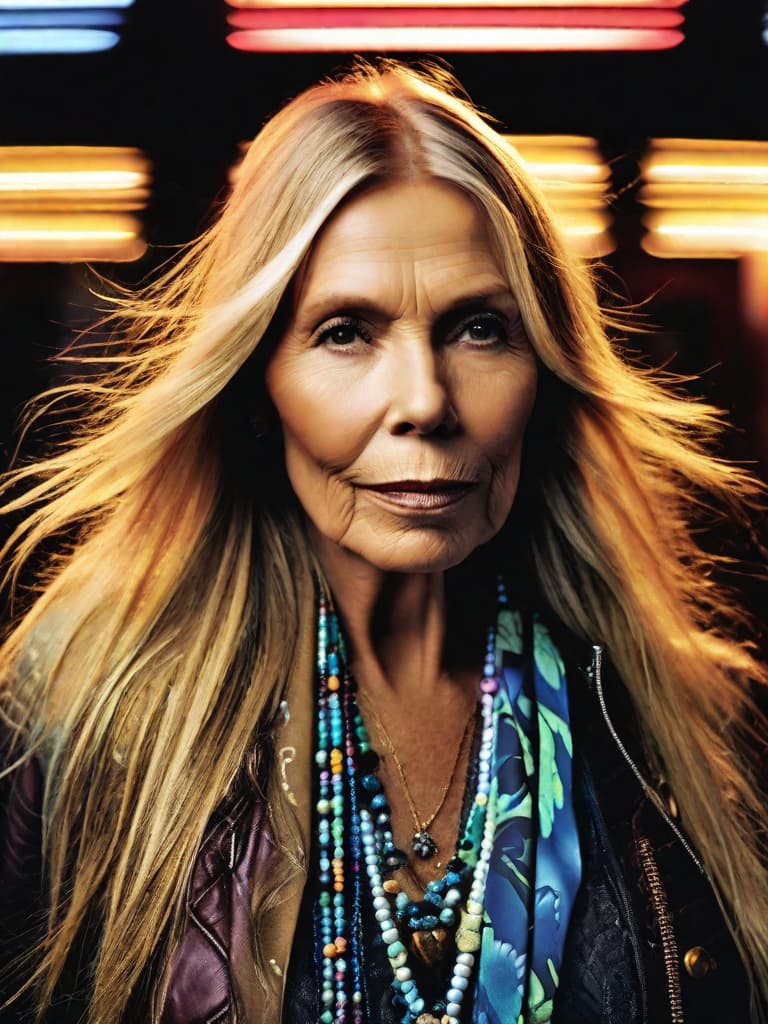  A younger Country singer Joni Mitchell, medium shot, upper body, spotlight, long exposure lighting, street art style spray paint, glamour lighting