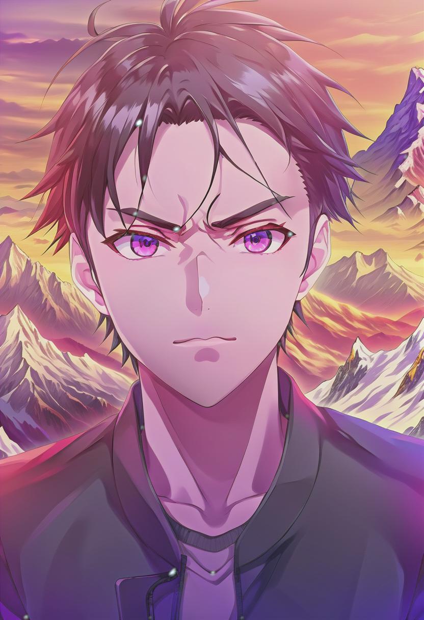  anime artwork beautiful anime guy with a big mountain background . anime style, key visual, vibrant, studio anime, highly detailed